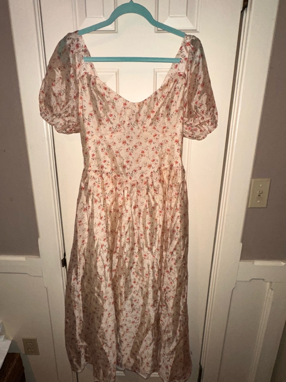 Lulu's Cream Maxi Dress with Pink Floral Print and Puff Sleeves